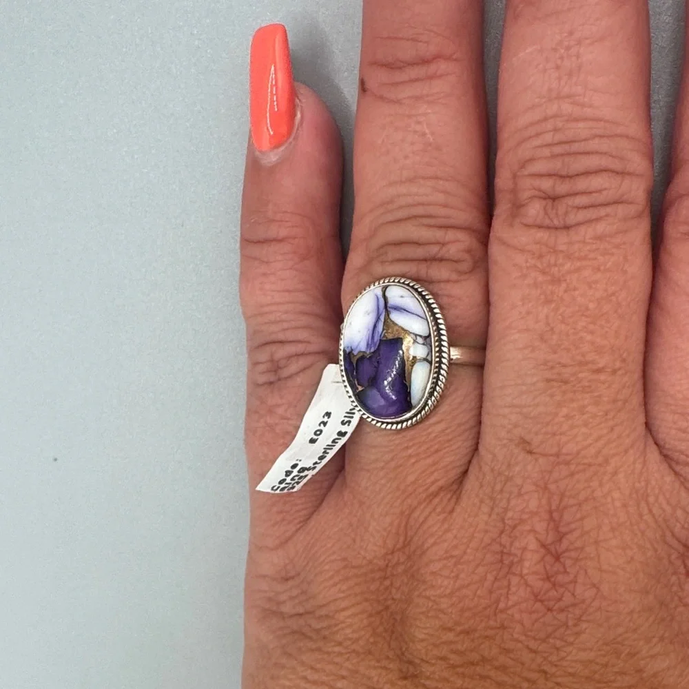 Purple White Turquoise Ring 925 Sterling Silver Oval Statement Sz 9 NWT